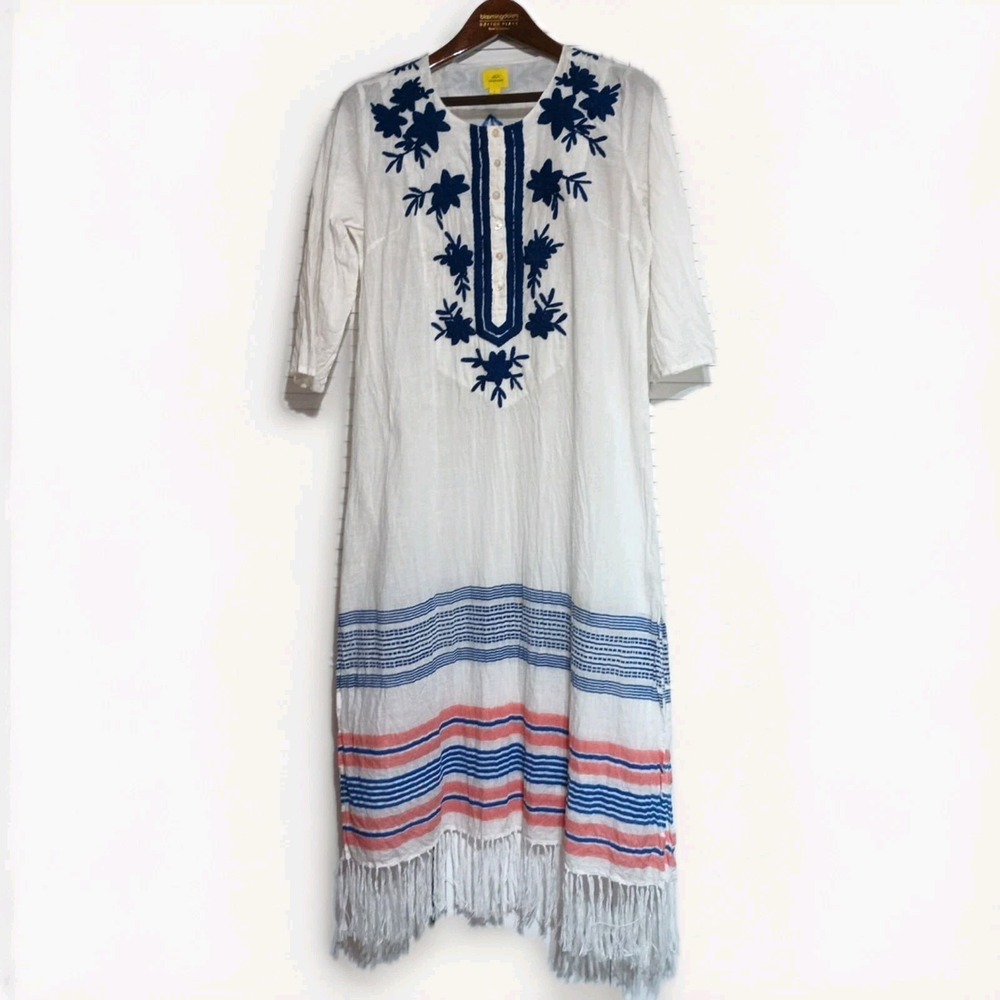 Roller Rabbit Long Kaftan Boho Maxi Side Slit Embroidered Fringe Women Large 52"